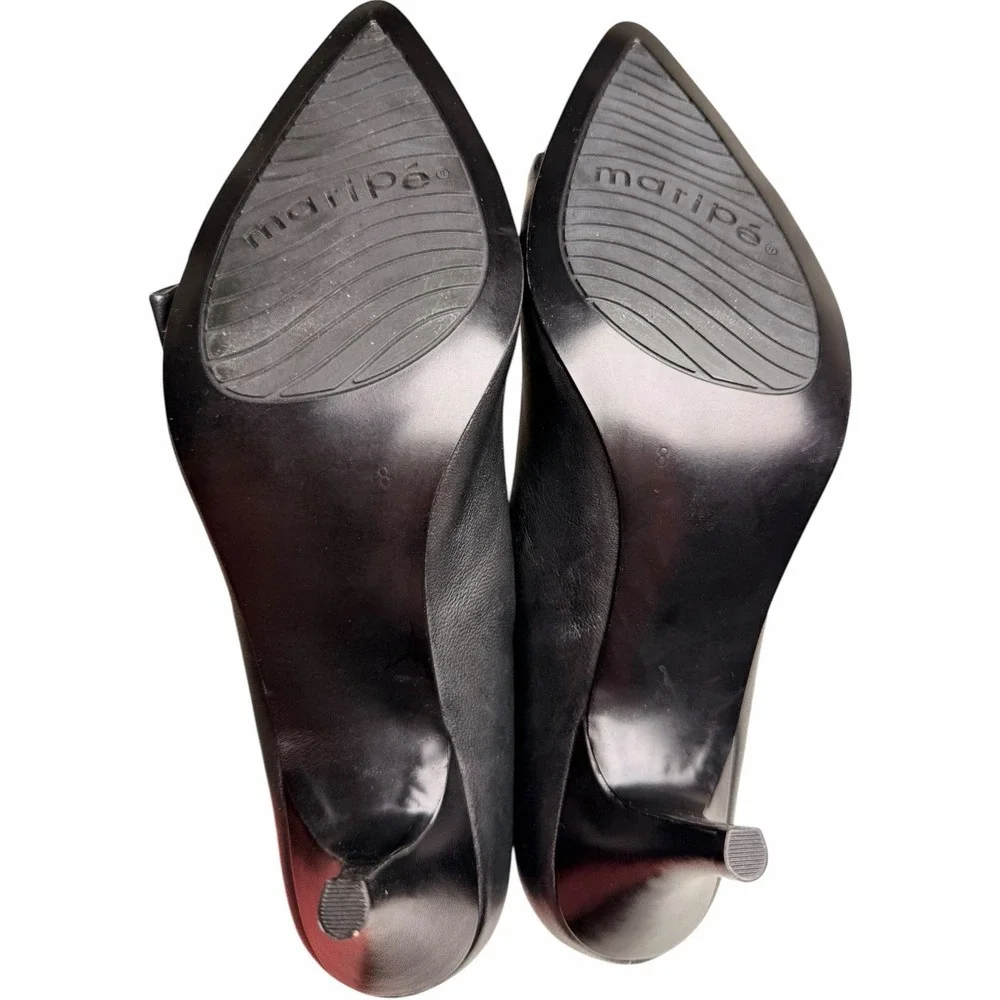 Maripe Mystic 152253 Black Leather Bow Pumps Women's 8M Pointed Toe Kitten Heels